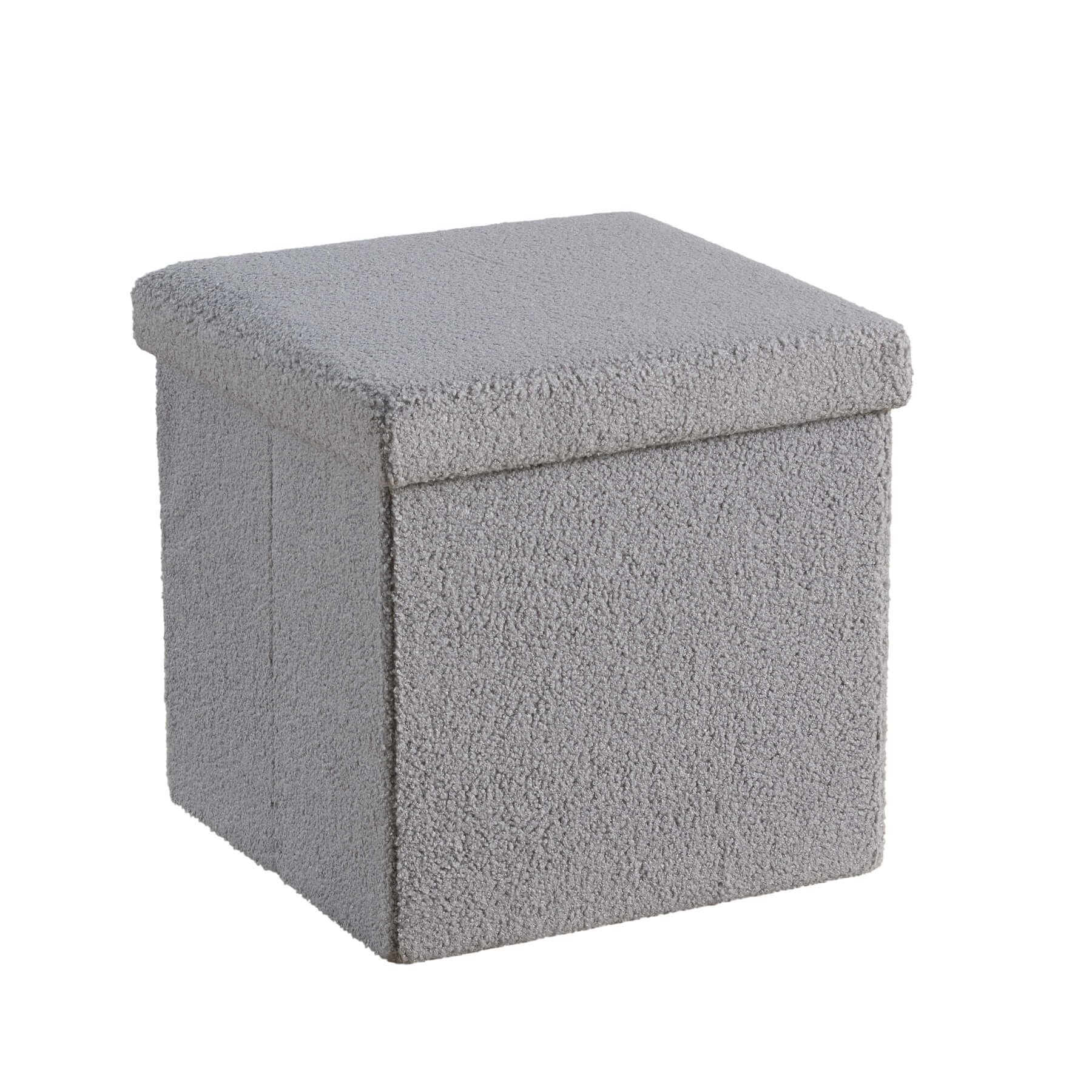 Home Source Folding Ottoman, Boucle Teddy Bear Fabric Storage Square Box, Grey
