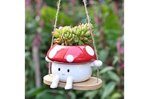 Fungi Fun Mushroom Hanging Planter Pot, Cute Ceramic Swing Face Planter for Indoor & Outdoor, Unique Mushroom Planters for Succulents, String of Pearls Plant, Small Hanging Planters. Red & White