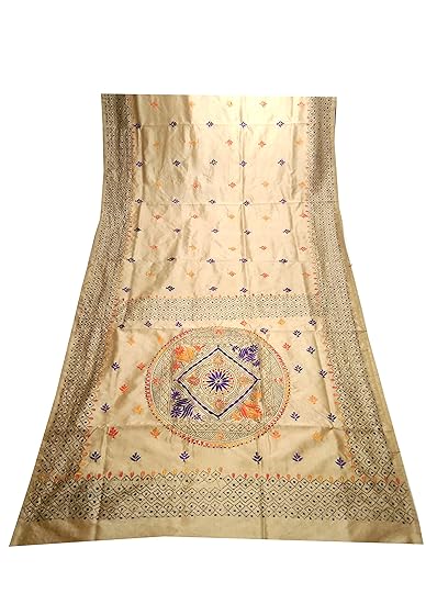 Sanghamitra Saree Kantha Stitched Handloom Womens Cotton Silk Saree (Sandal)