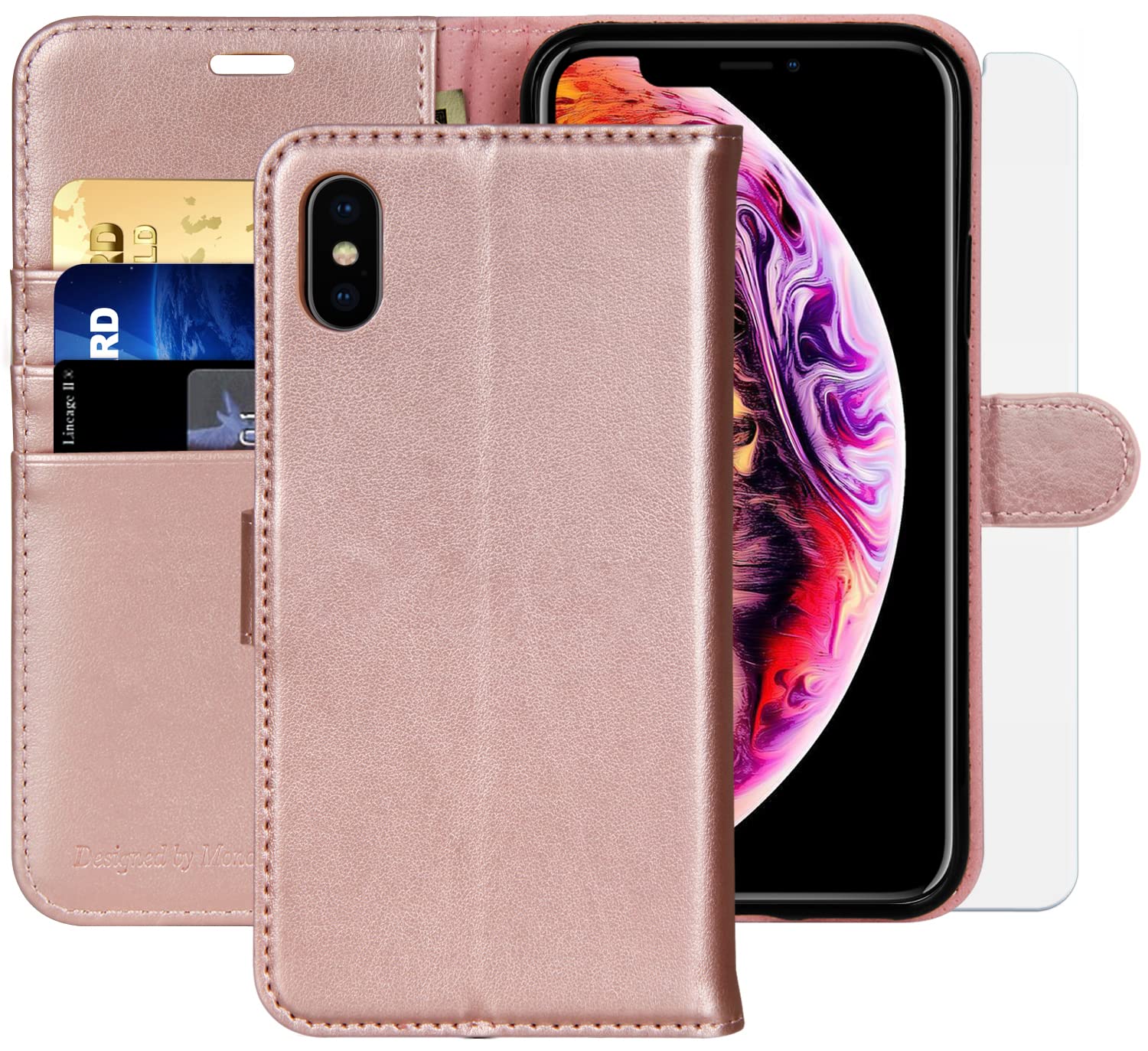 MONASAY iPhone Xs MAX Wallet Case,6.5-inch, [Glass Screen Protector Included][RFID Blocking] Flip Folio Leather Cell Phone Cover with Credit Card Holder for iPhone Xs MAX,Rose gold — image 1