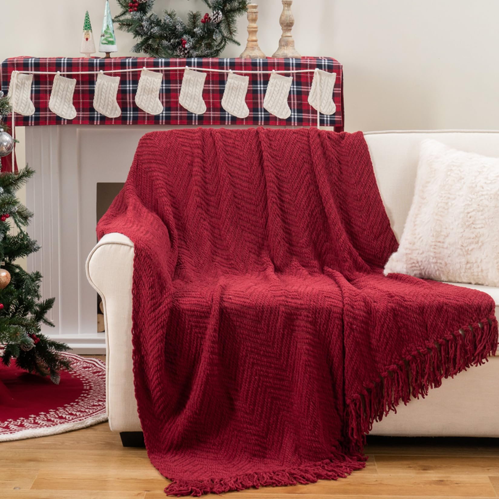 Battilo Red Throw Blanket for Sofa, Christmas Decor Knitted Burgundy Throw with Tassels, Soft Cozy Red Blanket Throws for Armchairs,125x150CM