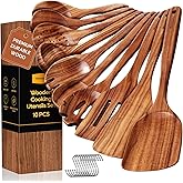 Wooden Spoons for Cooking, 10PCS Teak Wood Cookware Utensil Set with Hooks - Smooth Finish, Non-Stick, Comfortable Grip, Heat Resistant Kitchen Utensils