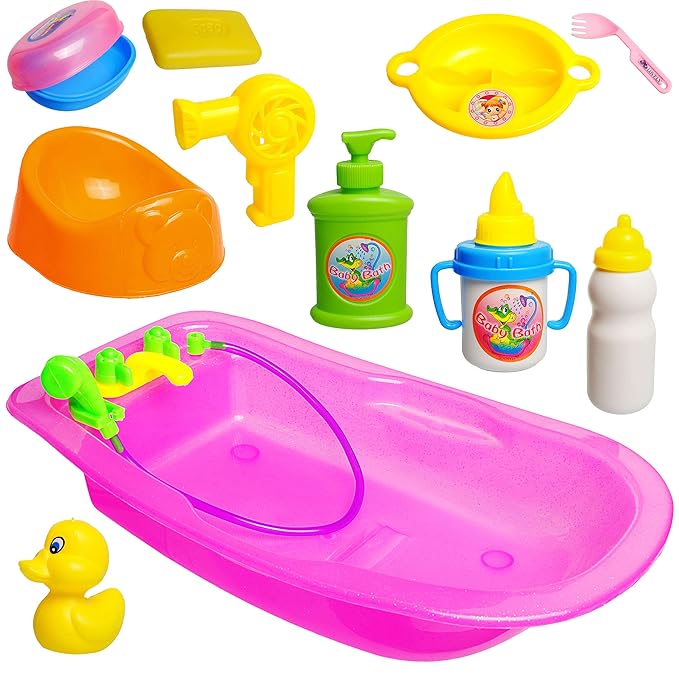 alles-meine.de GmbH 11 TLG. Set - Puppenbadewanne + Zubehör - 40 cm - bunt Kunststoff / Plastik - Babyflasche - Teller - Gesc