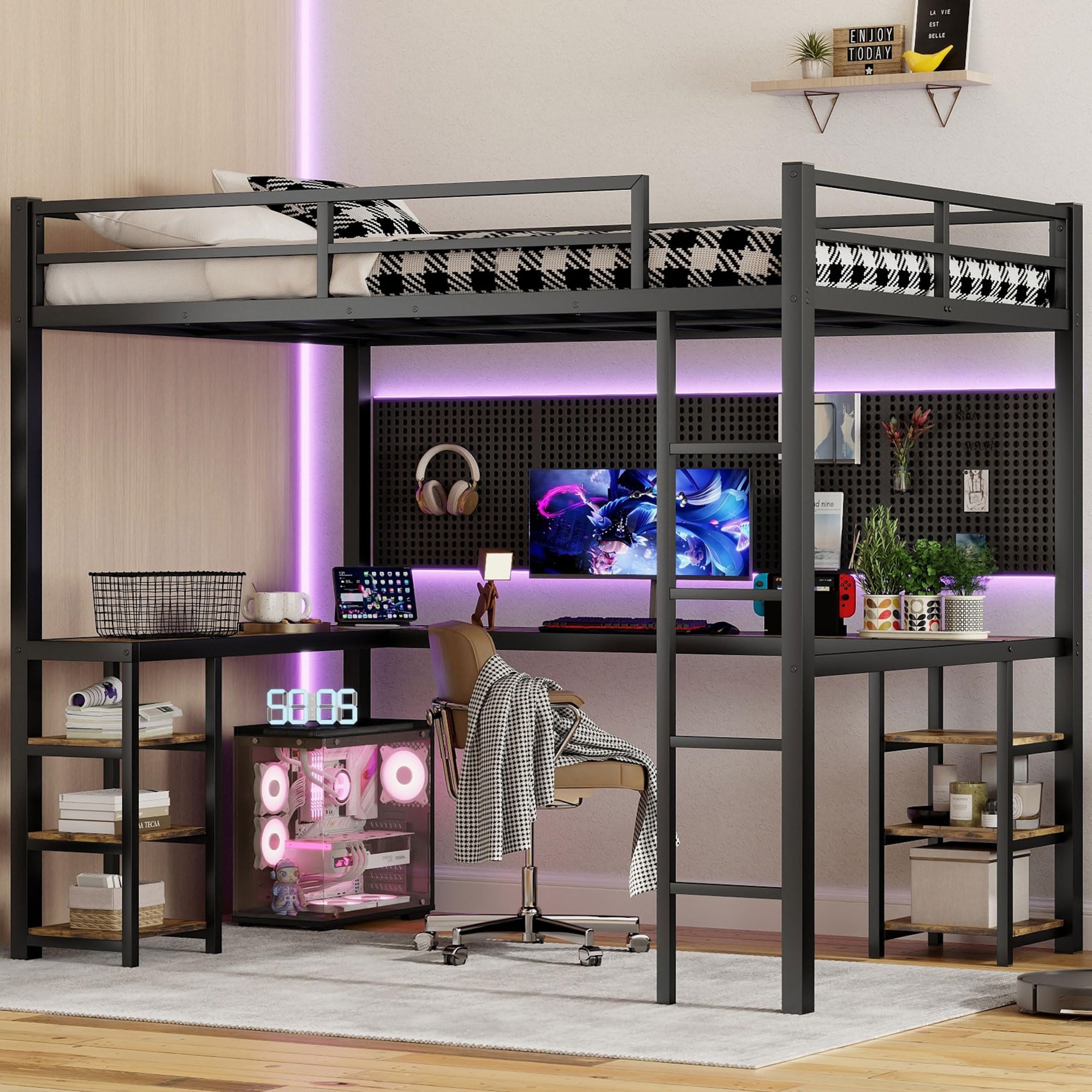 Photo 1 of ***PARTS ONLY***Full XL Loft Bed with Desk and Storage Shelves, Heavy Duty Loft Bed with Desk and Ladder, Full XL Loft Bed for Kids, Teens(Vintage Desk)