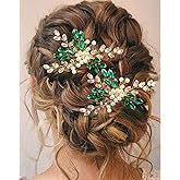 PRETTYLIFE Crystal Wedding Hair Pins Pearl Rhinestone Flower Bridal Hair Pieces Decorative Accessories for Women and Girls (Pack of 2) (Green)