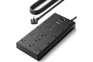 SUPERDANNY 10Ft Extension Cord with Multiple Outlets, Flat Plug Power Strip | 2100J, 13AC 2 USB C 2 USB A Charging Ports, Surge Protector, Desk Charging Station, Home Office, College Dorm Room Essentials