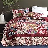 camandy Cotton Bedspread Quilt Bedding Sets 3 Pieces Reversible Coverlet Sets Comforters Gorgeous Paisley Floral Patchwork Red Bedspread, Queen Size