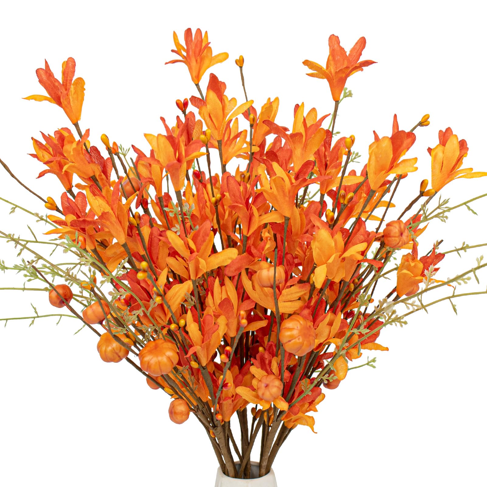 Photo 1 of LLZLL Artificial Fall Flowers 12 Pack Fall Floral Picks with Pumpkins and Berries 17 Inch Orange Forsythia Stems for Autumn Flower Arrangements Home Thanksgiving Decorations