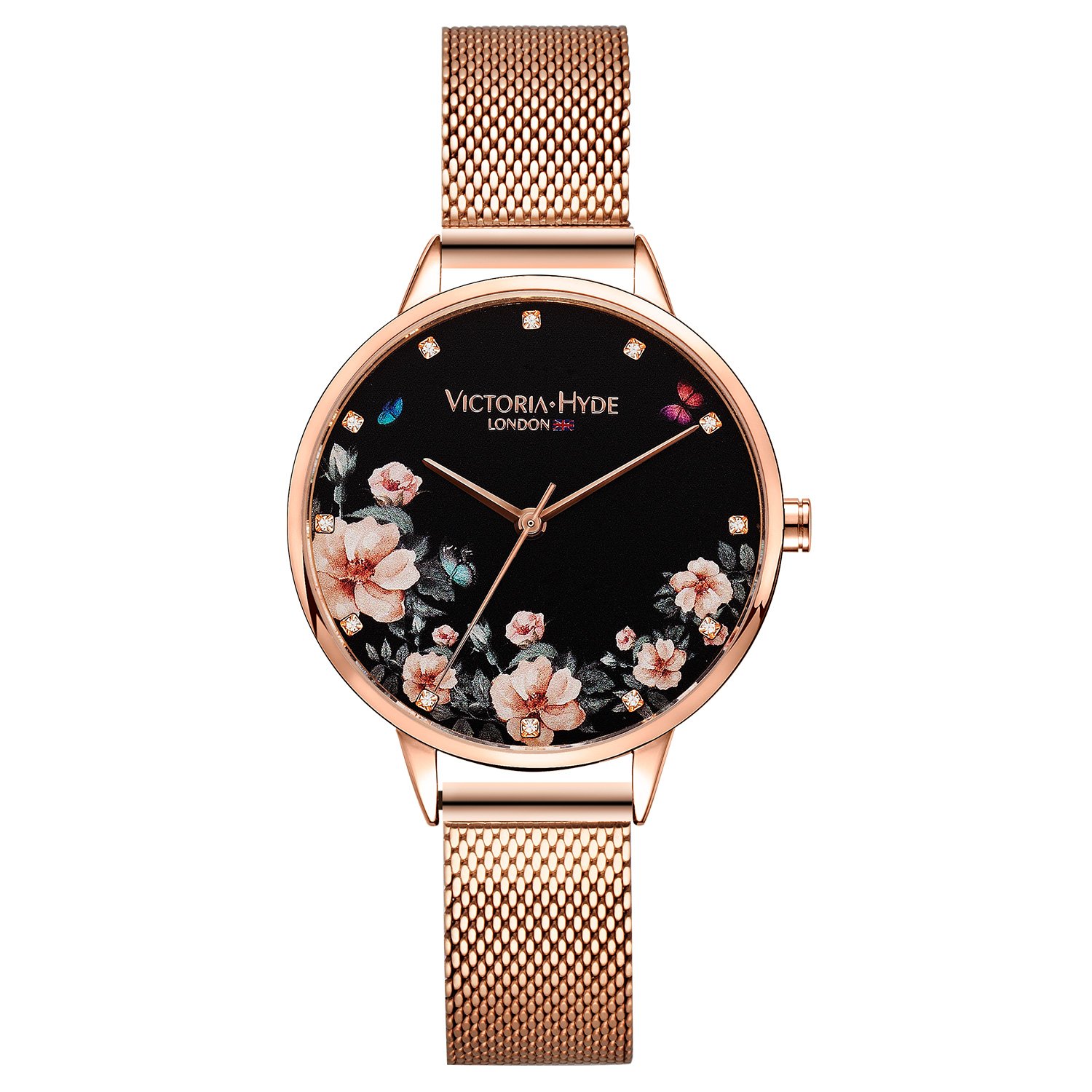 VICTORIA HYDE Rose Gold Women Analog Quartz Watches Floral Dial Stainless Steel Mesh Band Wristwatches for Ladies