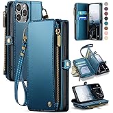 Defencase Compatible with iPhone 12/Pro Case Wallet with RFID Blocking Card Holder for Women Men, PU Leather Magnetic Snap Flip Zipper Strap Wallet Phone Case Fit for iPhone 12 & 12 Pro 6.1, Dark Blue