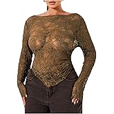 WDIRARA Women's Plus Size Sheer Lace T Shirt Asymmetrical Boat Neck Long Bell Sleeve Tee Tops