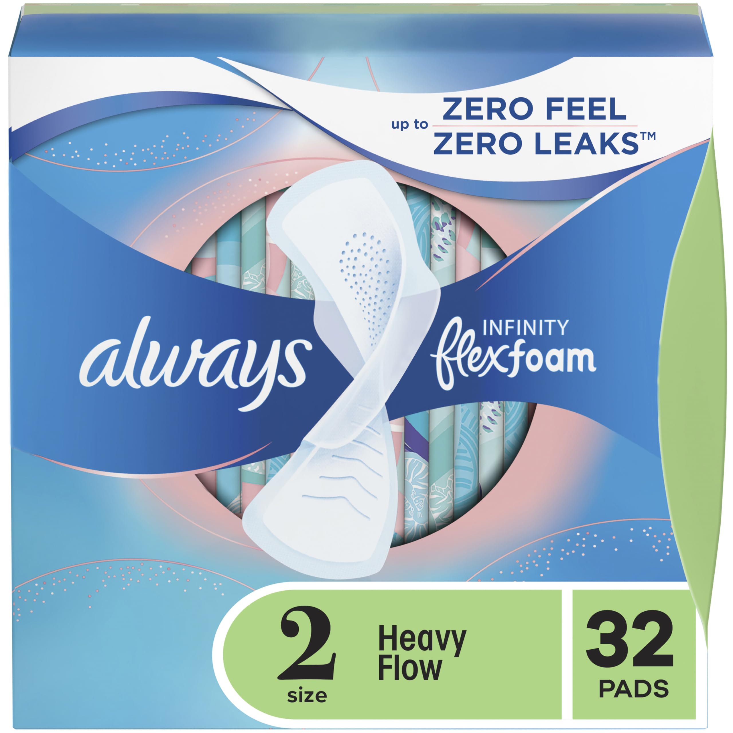 Always Infinity Feminine Pads for Women, Size 2, Heavy Flow Absorbency, with Wings, Unscented, 32 Count
