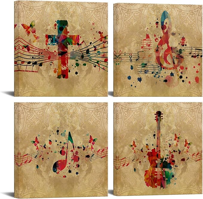 iKNOW FOTO 4 Pieces Music Canvas Wall Art Guitar Phonograph and Music