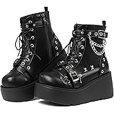Celbreez Platform Boots for Women Goth Boots Ankle Boot Side Zip Round Toe Wedge Buckle Combat Rave Boot Chunky High Heels Motorcycle Cosplay Party Festival Leather Shoes