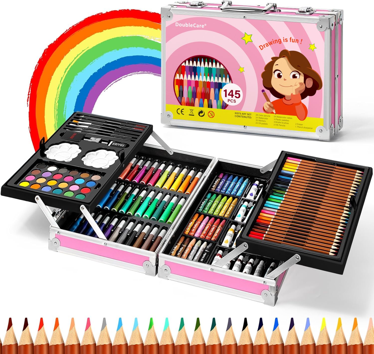 DoubleCare 145 Piece Art Set, Deluxe Portable Aluminum Box & Drawing Kit, Kids Art Set for Kids Adults,Suitable for Daily Drawing Equipment, Birthday Gifts, Christmas Gifts，Pink