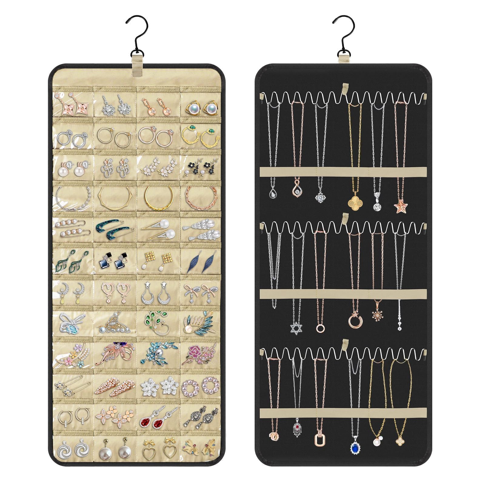 Linkstyle Dual-sided Jewelry Organizer, Jewellery Door Hanger with 48 Pockets and 42 Hooks, Hanging Jewelry Holder