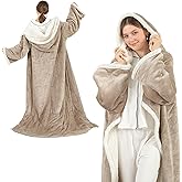 COZYTY Electric Snuggle Throw Blankets with Foot Pocket, Wearable Heated Throw with Sleeves, 6 Heat Levels & 1-4H Timer, Full Body Warmth, The Perfect Warming Gift for Women & Men, Light Beige & linen