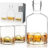 Viski Mountain Decanter and Tumbler Set, Percect for Scotch and Bourbon, Hand-Blown Whiskey Gifts for Men, Set of 3, 24oz Decanter, 9oz Tumblers