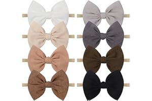 Lanmerry Big Bows Hairbands, 8 PCS Handmade Baby Girl Headbands with Bows, Stretchy Nylon Newborn Toddler Hairbands, Tan
