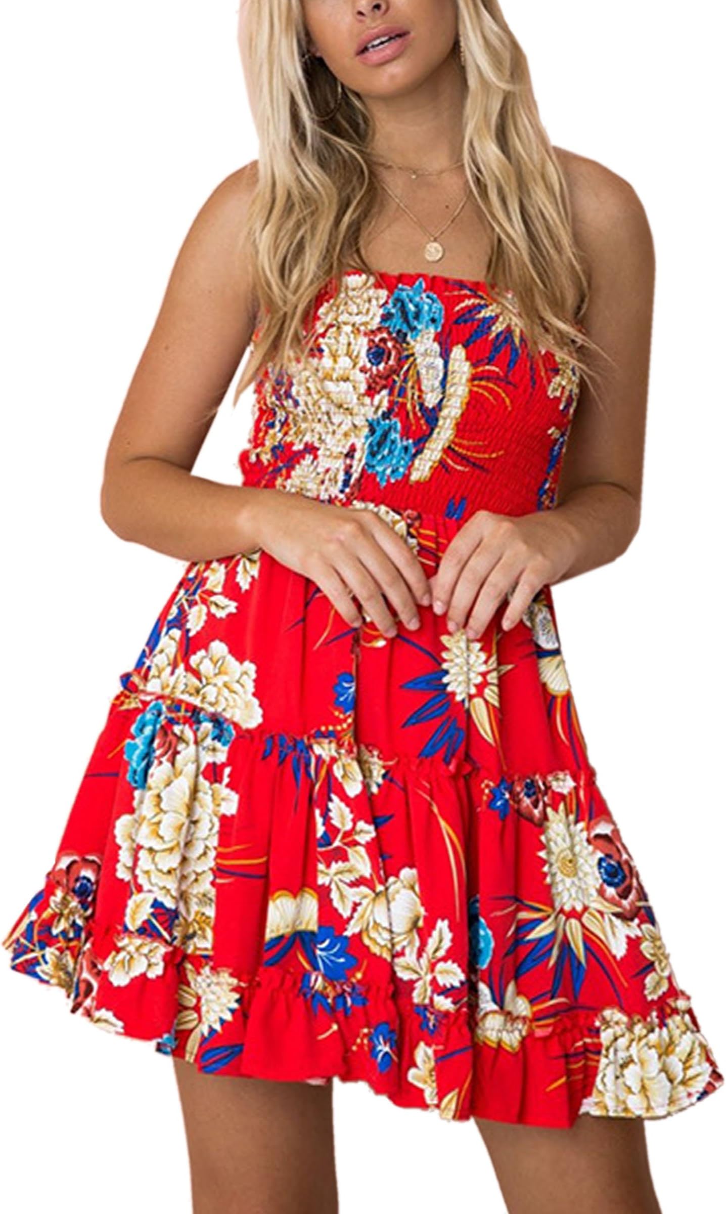 Women's Floral Strapless Pleated Flowy Skater Mini Tube Dress