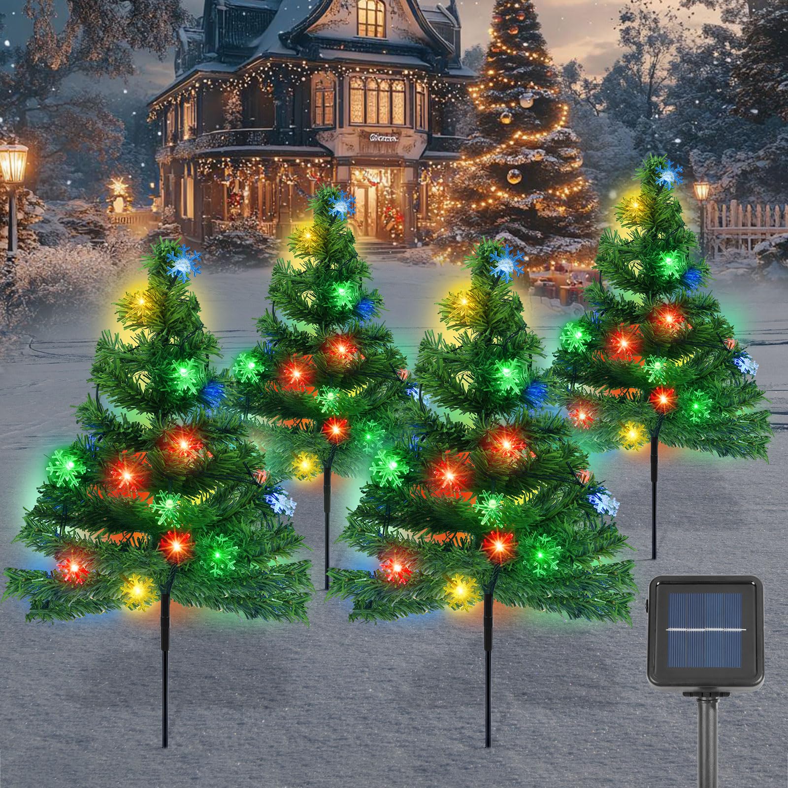 Qoosea Solar Christmas Tree Lights Outdoor, 4 in 1 8 Modes Solar Powered Pathway Stake Tree Light with Snowflake Lights, IP65 Waterproof Garden Deco Lights for Holiday Patio Lawn Yard