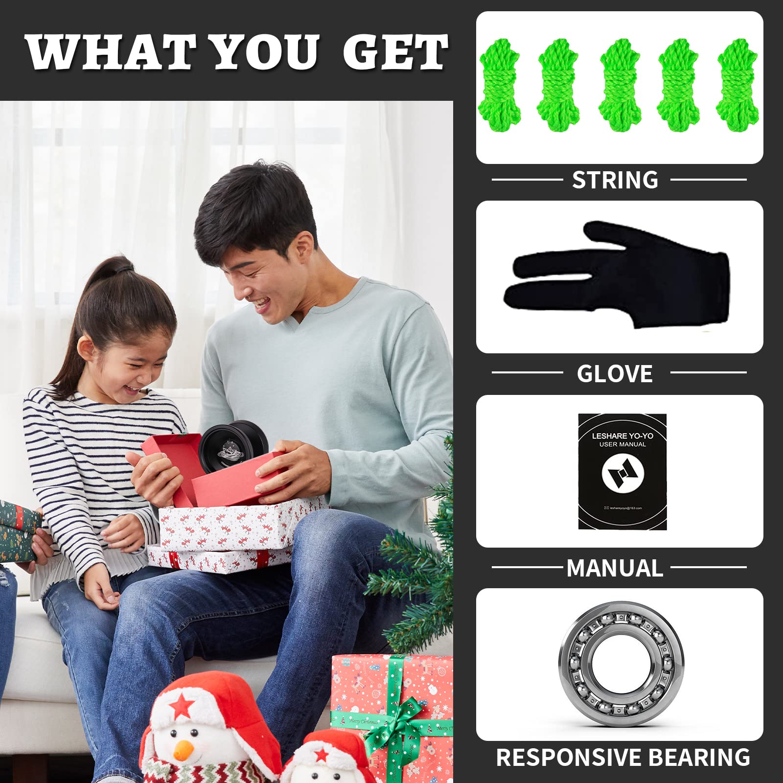 LESHARE Professional Unresponsive Yoyo for Pros and Responsive Yoyos for Kids Beginners - Replaceable Unresponsive Bearings, Gloves, and 5 Cords Included-Black