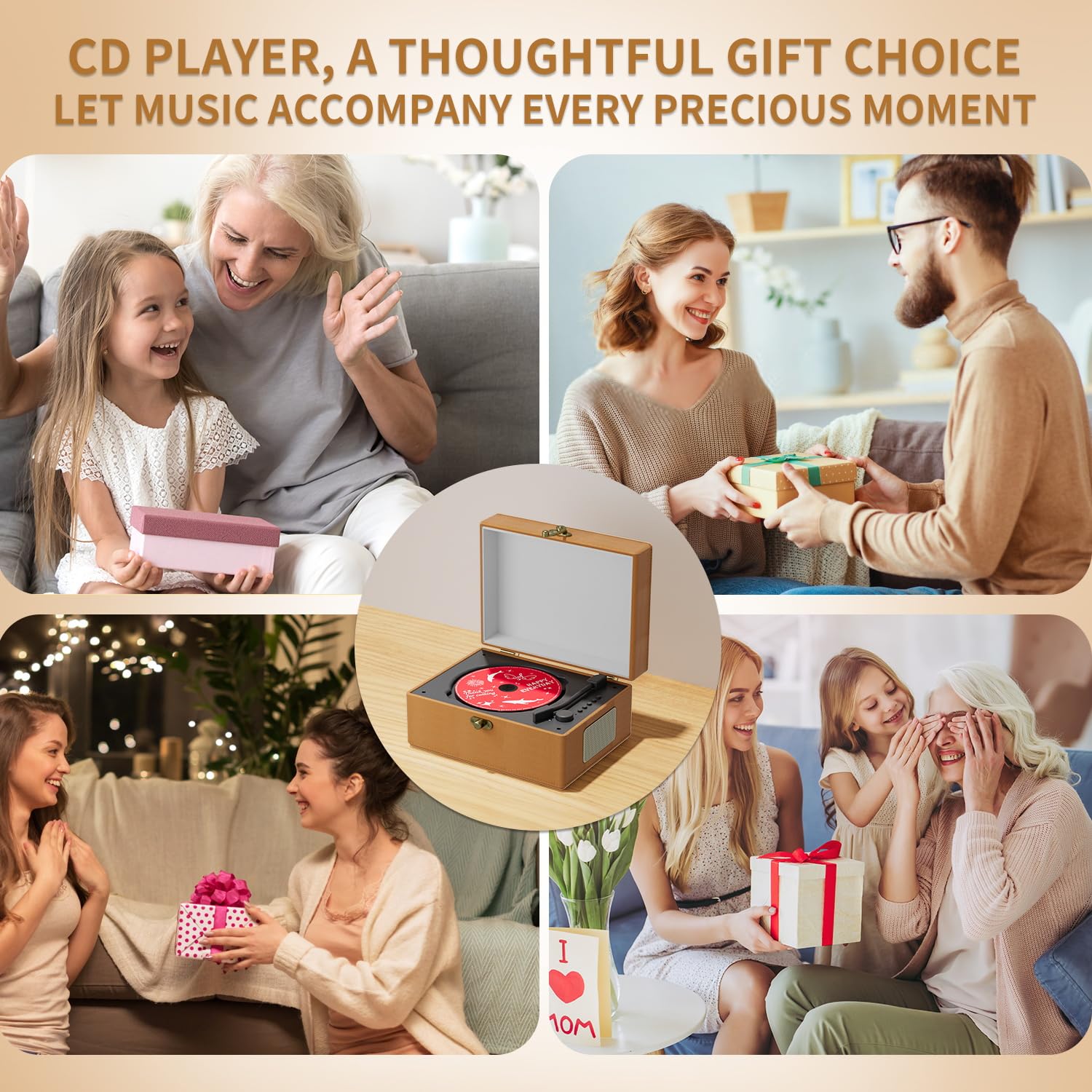 Rechargeable Leather CD Player with Speakers; Bluetooth Transmitter; Festival Gift; BGM Player for Home Décor (Brown)