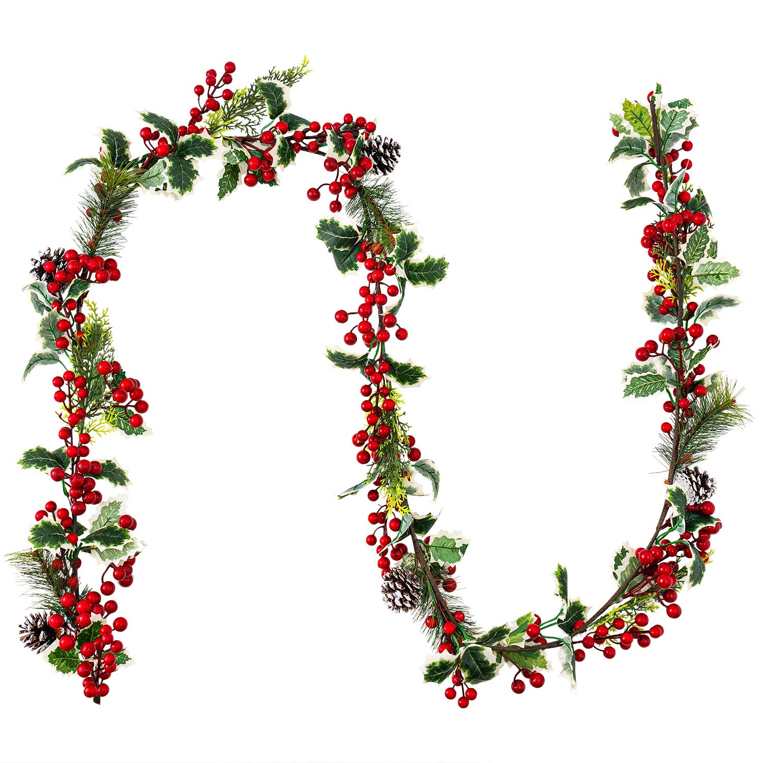 Jelofly 7FT Red Berry Christmas Garland with Pine Cone Needle Garland