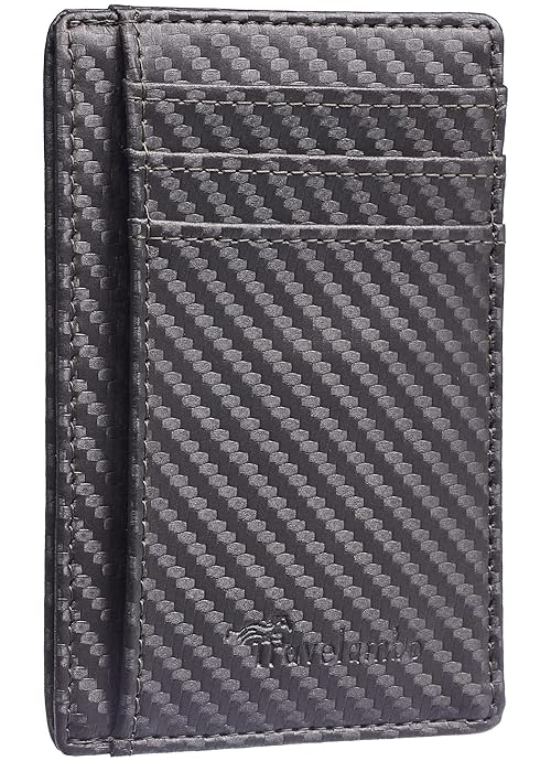 Travelambo Front Pocket Minimalist Leather Slim Wallet RFID Blocking Carbon Fiber Texture(Gray)
