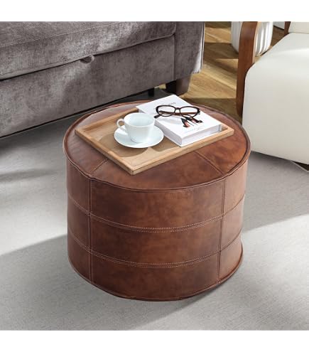 Cortesi Home Charli Tufted Cube Ottoman in 100% Genuine Leather, Light Grey