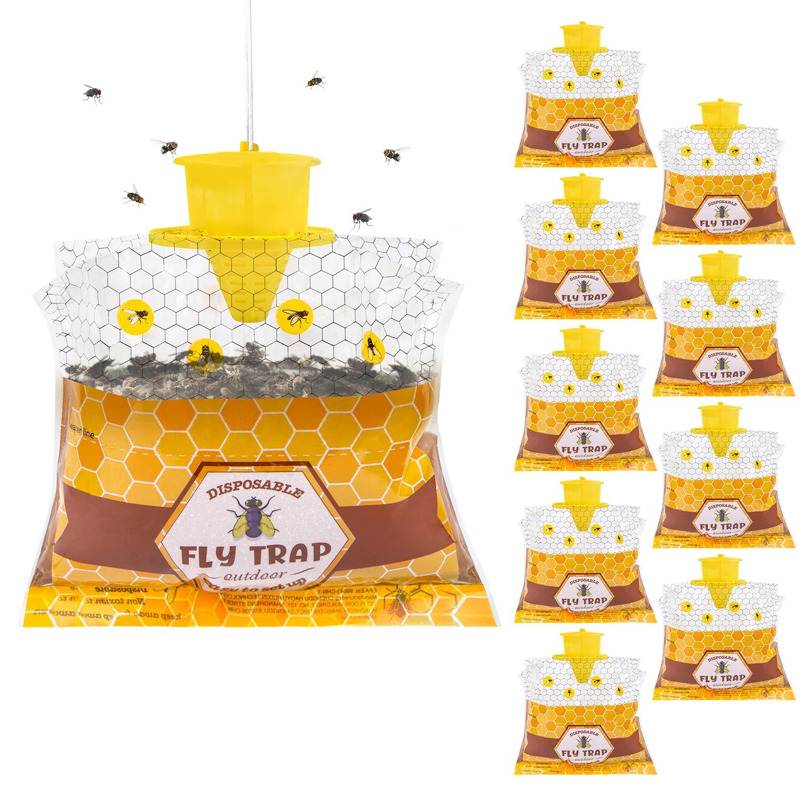 Photo 1 of 10 Packs Fly Bags Hanging Outdoor, Disposable Fly Traps Outdoor, Fly Catcher Killer with Bait, Yellow Traps Hunter, Mosquitoes Traps for Outside, Ranch Farm Garden Barn Stable