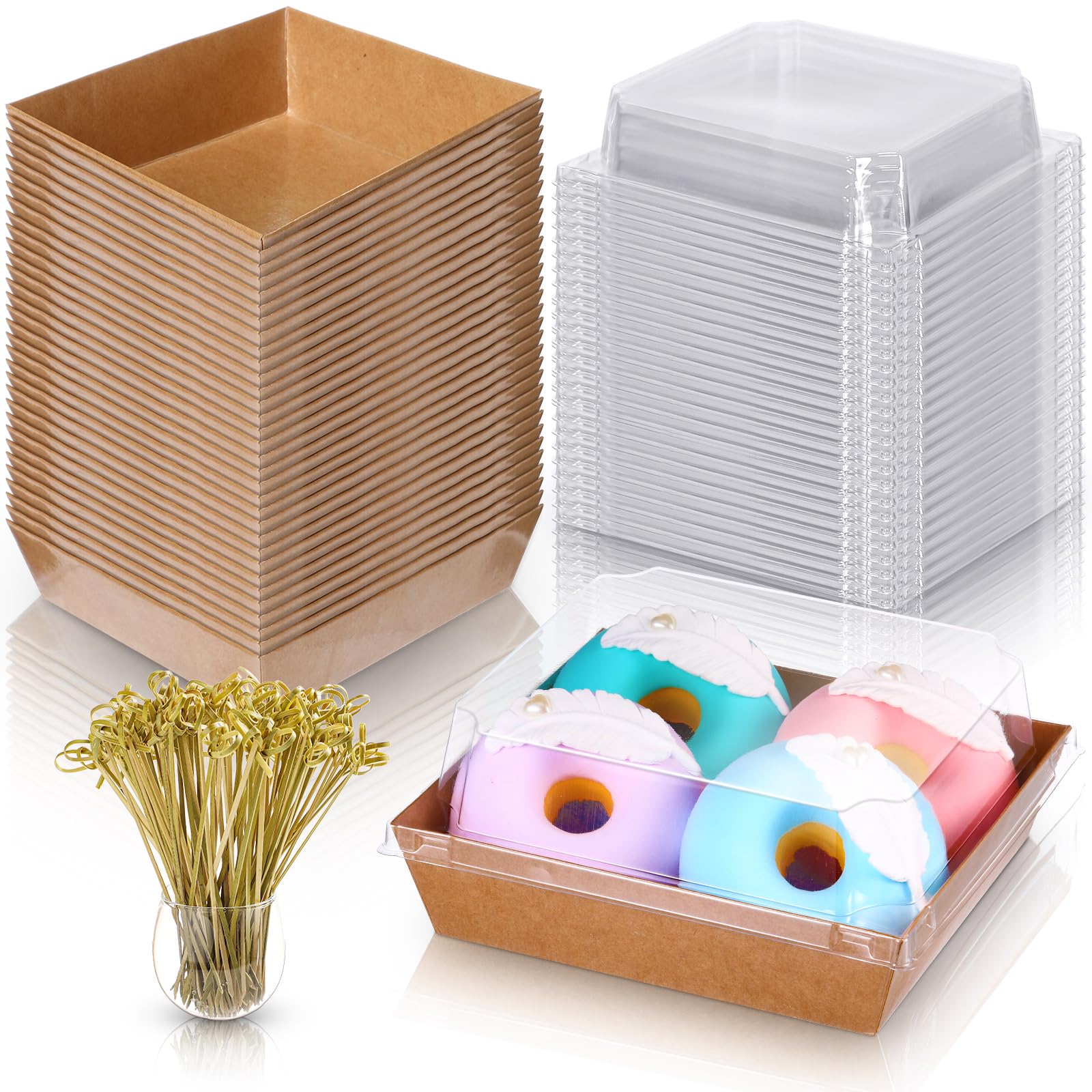 Photo 1 of Mumufy 200 Pcs Paper Charcuterie Boxes with Clear Lids, 100 Brown Disposable Food Containers 100 Bamboo Skewers Square Bakery Boxes Cake Containers for Cake Pastry Dessert Cookie Salad Sandwich