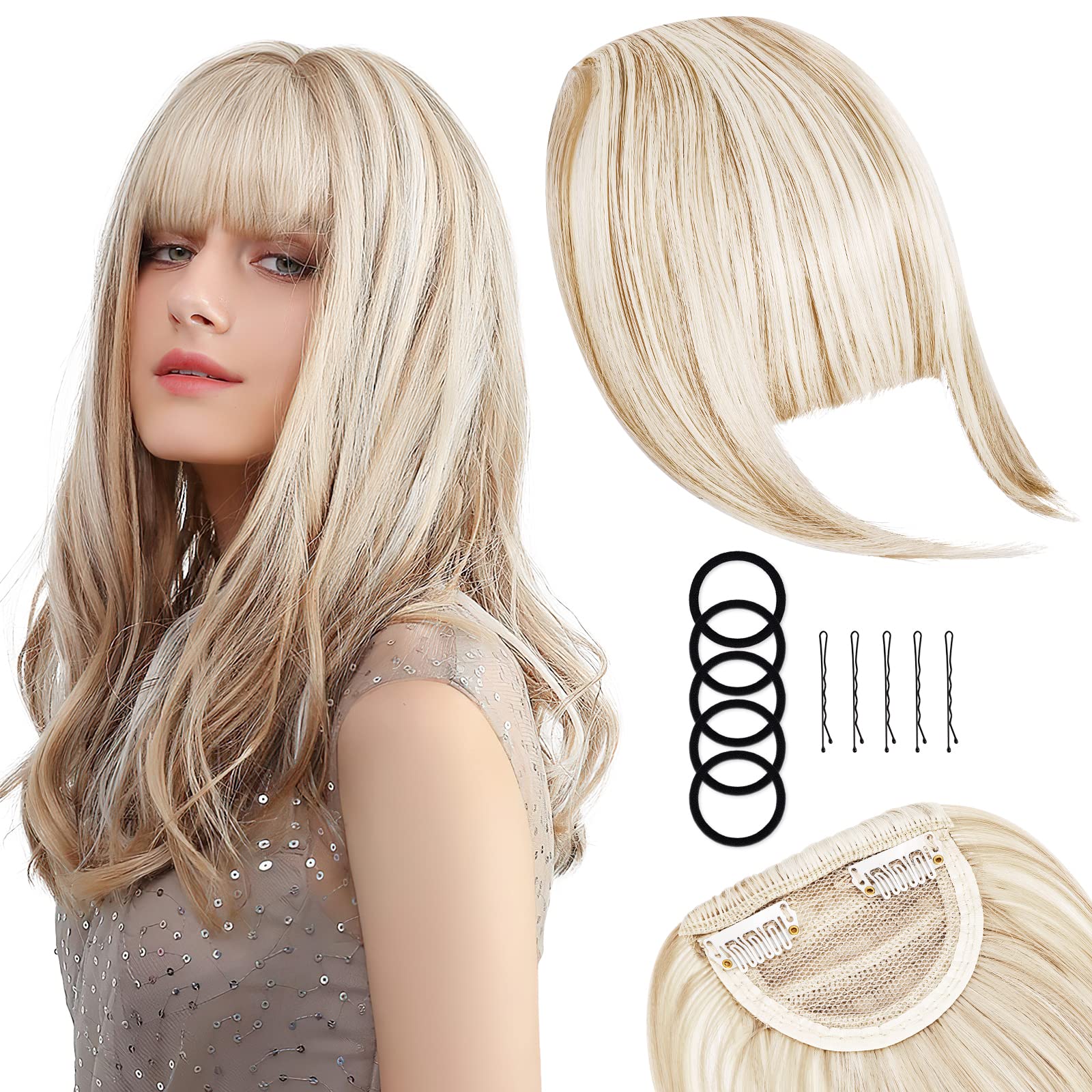 Pwsap Clip in Bangs Hair Extensions, Full Neat Bangs Fringe, Curly Synthetic for Girls/Women, Fashion Blonde