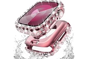 Surace 2 in 1 Waterproof Bling Case Compatible for Apple Watch Series 9 Series 8 Series 7 41mm Screen Protector, Lace Edge Diamond Protective Bumper Face Cover for iWatch Accessories Women 41mm, Pink