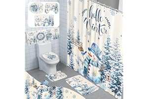 Tranqun 8 Pcs Hello Winter Shower Curtain Set Bathroom Decor Snowman Waterproof Shower Curtain Towels Snowflake Cedar Non Slip Rug Toilet Lid Cover Bath Mat with 12 Hooks for Home Decor
