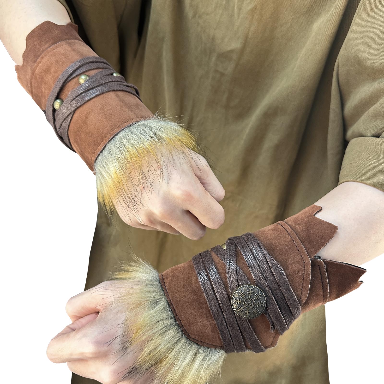HiiFeuer Medieval Suede Arm Wraps, Renaissance Artificial Fur Bracers, Viking Wrist Band Archery Arm Guards Knight Gauntlets (Brown A)