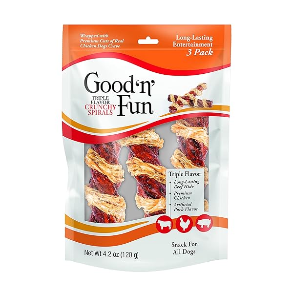 GOOD ‘N’ FUN TRIPLE FLAVOR CRUNCHY SPIRALS, LONG-LASTING DOG CHEWS, 3 CHEWS
