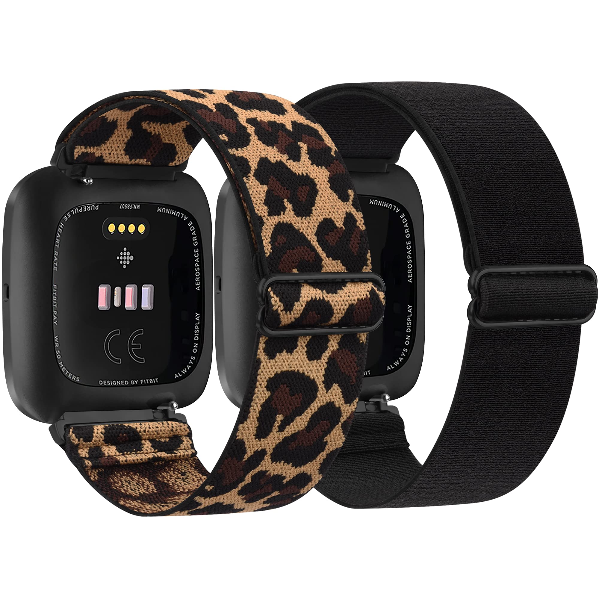 Photo 1 of 2 Pack Elastic Bands Compatible with Fitbit Versa / Versa 2, Adjustable Nylon Sport Stretchy Wristband for Women & Men (Black + Leopard)