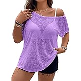 Hilinker Women's Plus Size Sheer Mesh Short Sleeve Top Sexy See Through T Shirt Off Shoulder Blouse Loose Fit