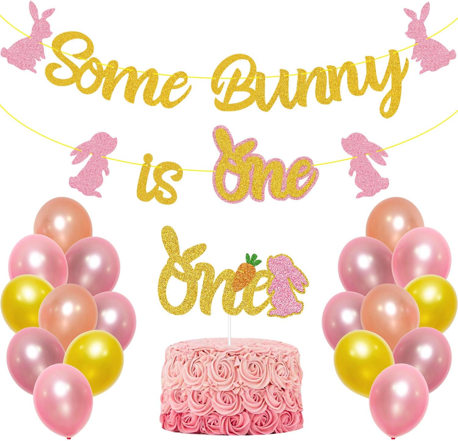 Some Bunny is One Birthday Party Supplies - 1st Bday Bunny Banner Rabbit First Cake Topper 18 Latex Balloons Happy Easter Spring Theme Baby Shower Photo Props Ideas Glitter Decoration