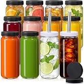 12 PACK 16OZ Glass Juice Bottles with 12 Sealed Lids &amp; 2 Straw Lid &amp; Straws | Food Grade Thick Glass, Freezable, Airtight Juicer Container, Travel Juicing Jars, Drinking Water Cups for Tea, Smoothies