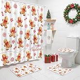 Mocsicka 4pcs Merry Christmas Shower Curtain Set Cute Gingerbread Man Snowflake Christmas Bath Decor Accessory Set with Non-Slip Washable Bath Rugs Toilet Lid Cover for Xmas Holidays Bath Deocr