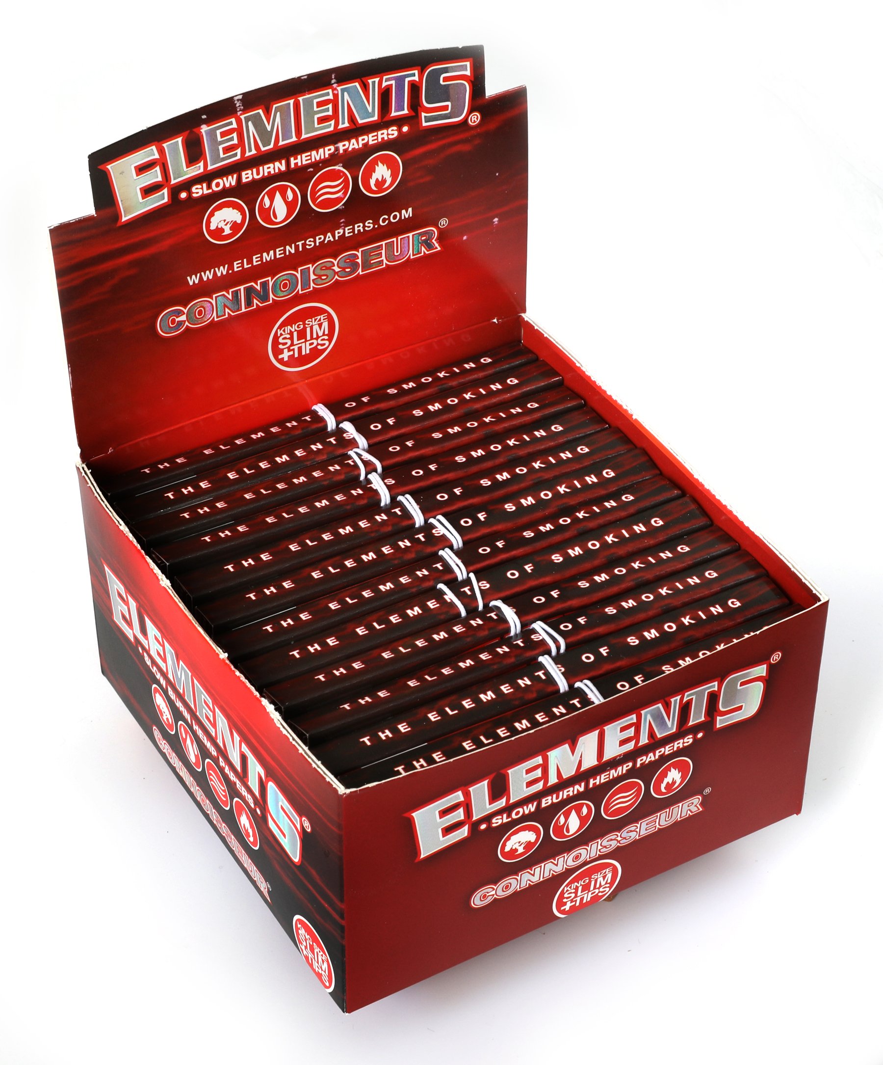 1 box - Elements Red Connoisseur King Size Slim Slow Burning Rolling paper + tips