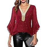 Timeson Women's Ruffle 3/4 Sleeve Sparkly Tops Sequin V Neck Blouses Dressy Fall Shirts
