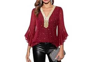 Timeson Women's Ruffle 3/4 Sleeve Sparkly Tops Sequin V Neck Blouses Dressy Fall Shirts