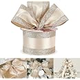 HUIHUANG 2.5" Wide Glitter Copper Wired Ribbon - 10 Yards, Diamond Mesh For Christmas Trees & Gift Wrapping - View #2