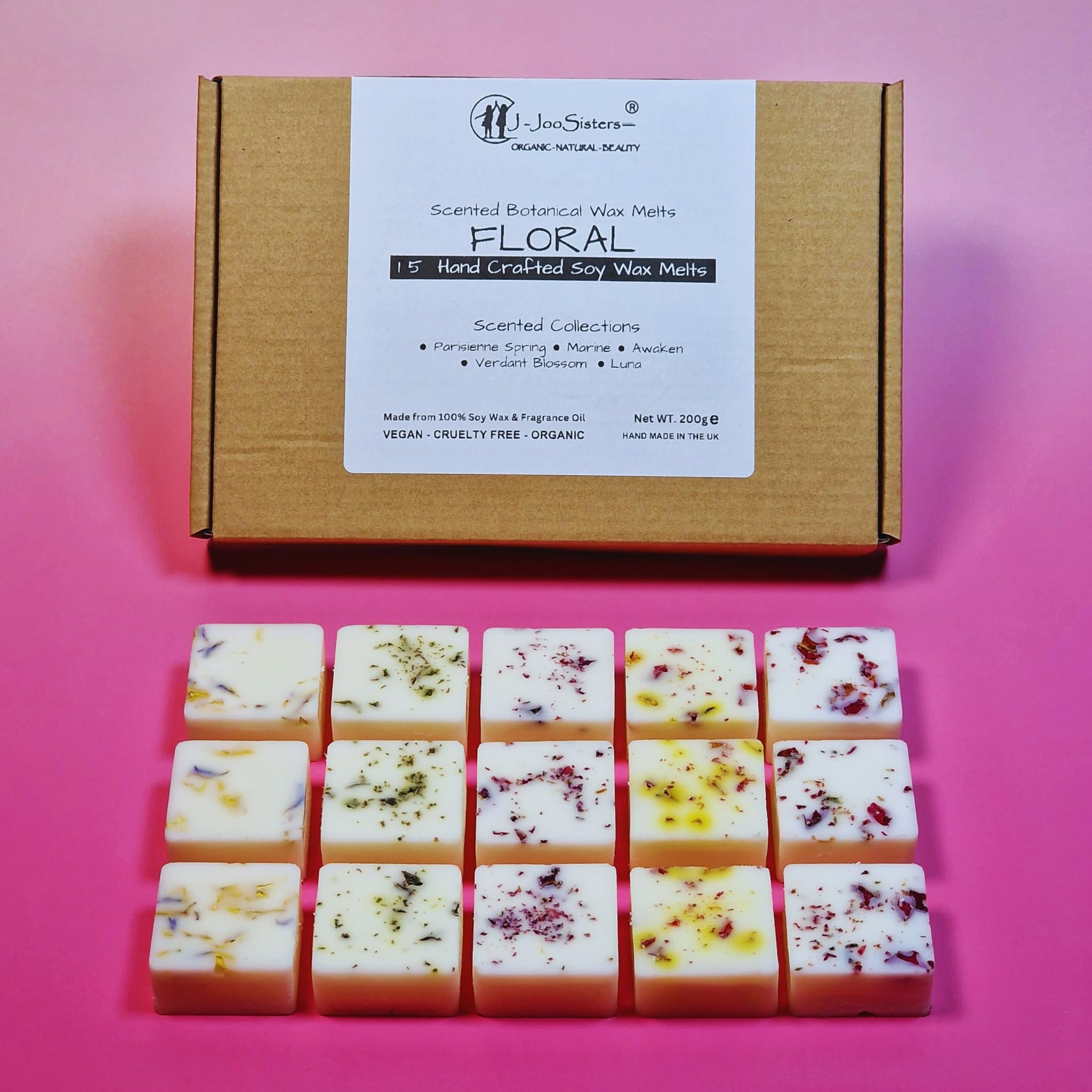 Floral Collections - Highly Scented Botanical Wax Melts Collections (15 x 13.5g Hand Crafted) - Vegan Friendly & Cruelty Free - Plastic Free - Provide 8 to 10hrs scents/cube - Made in the UK (Floral)