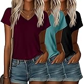 Ficerd 3 Pack Women's V Neck T Shirts Cap Sleeve Top for Summer Casual Short Sleeve 2026 Trendy Basic Tees