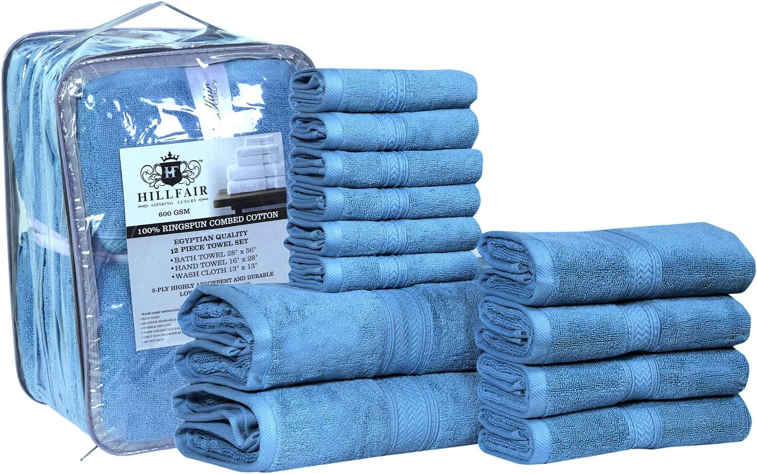HILLFAIR 12 Piece- 600 GSM Cotton Bath Towels Set - Hotel Spa Towels Set- 2 Bath Towels, 4 Hand Towels, 6 Washcloths- Absorbent Super Soft Cotton Towels Set- Water Towel Set- 100% Cotton Towel Set: Kitchen & Dining