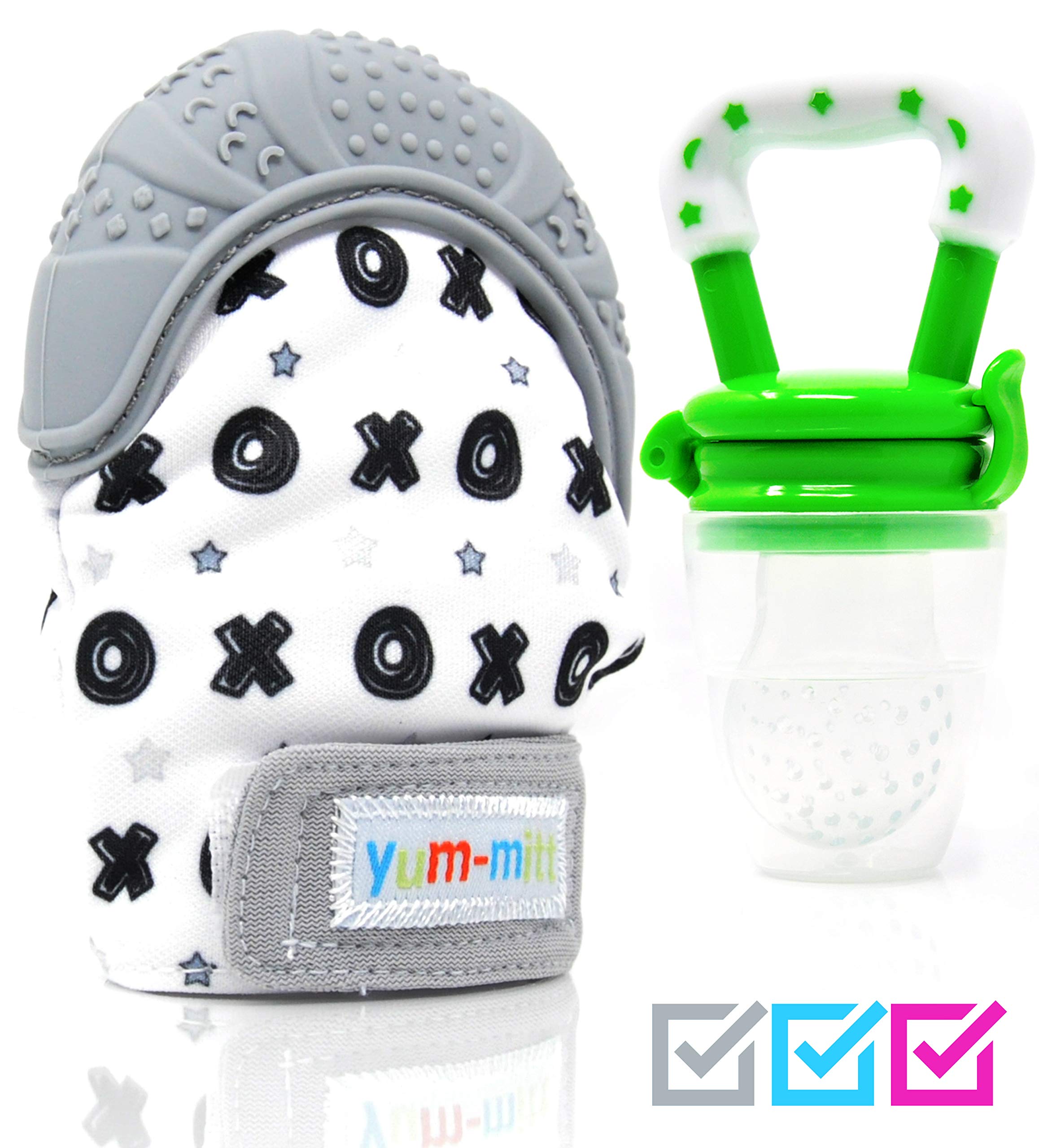 Teething Mitten for Babies with Fruit Feeder Pacifier - Baby Teething Toys for Self Soothing Gum Pain Relief. Infant Chew Glove Teether Mittens with Hygienic Travel Bag - Mitts for Boy or Girl (Grey)